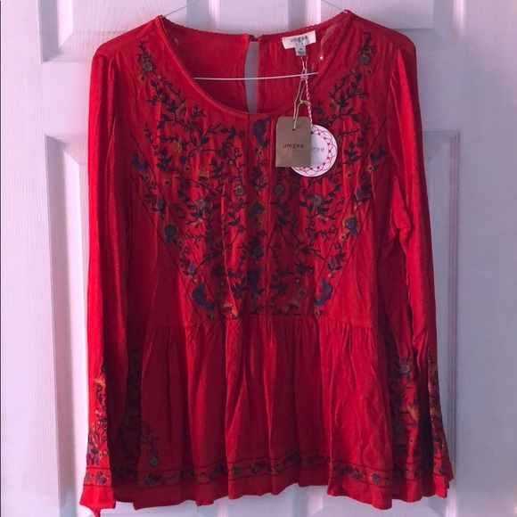 New Umgee Floral Embroidered Ruffled Hem Top Med - Picture 2 of 6